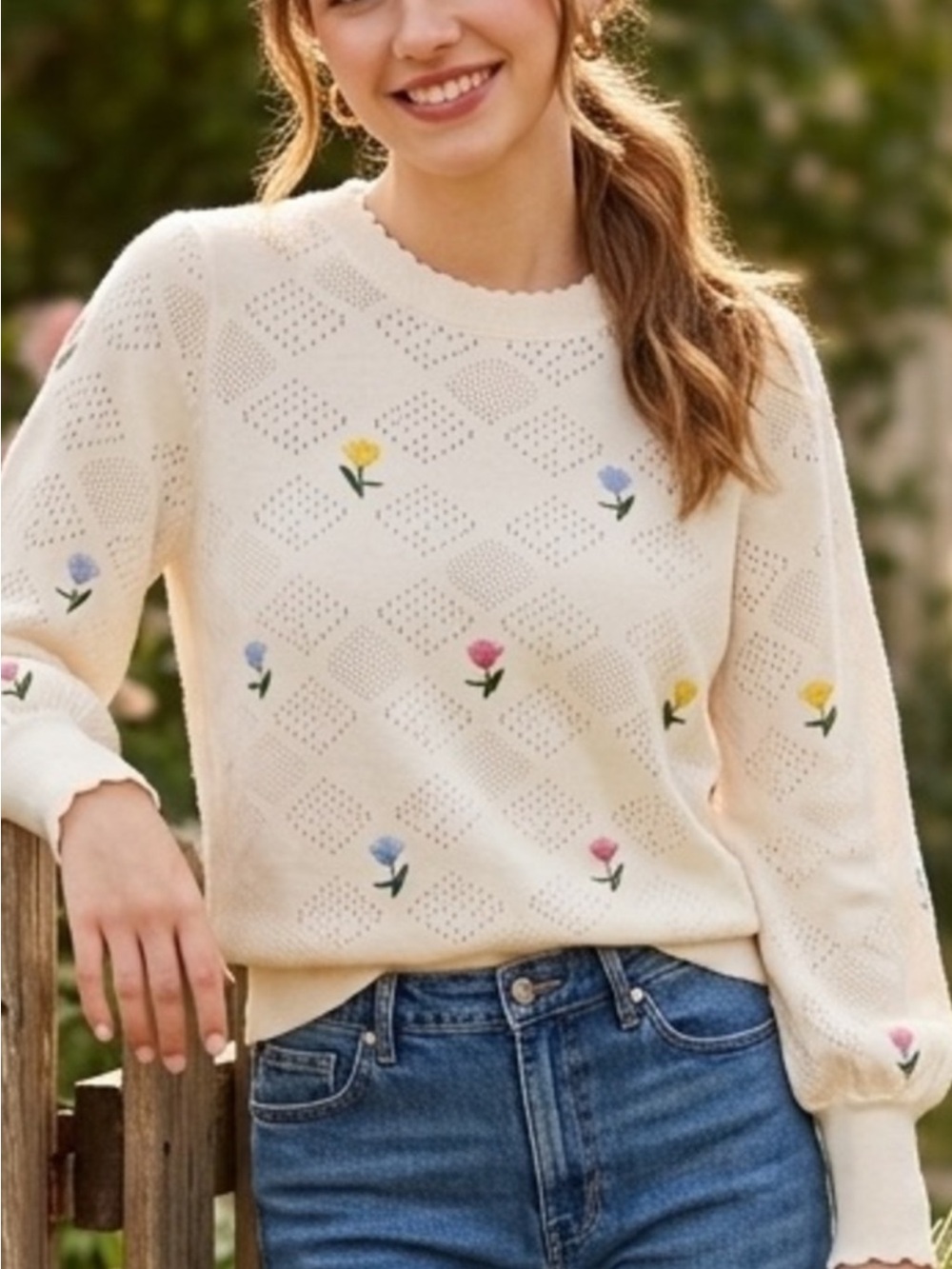 LOFT Cream Eyelet Knit Sweater with Pink, Blue & Yellow Floral Embroidery